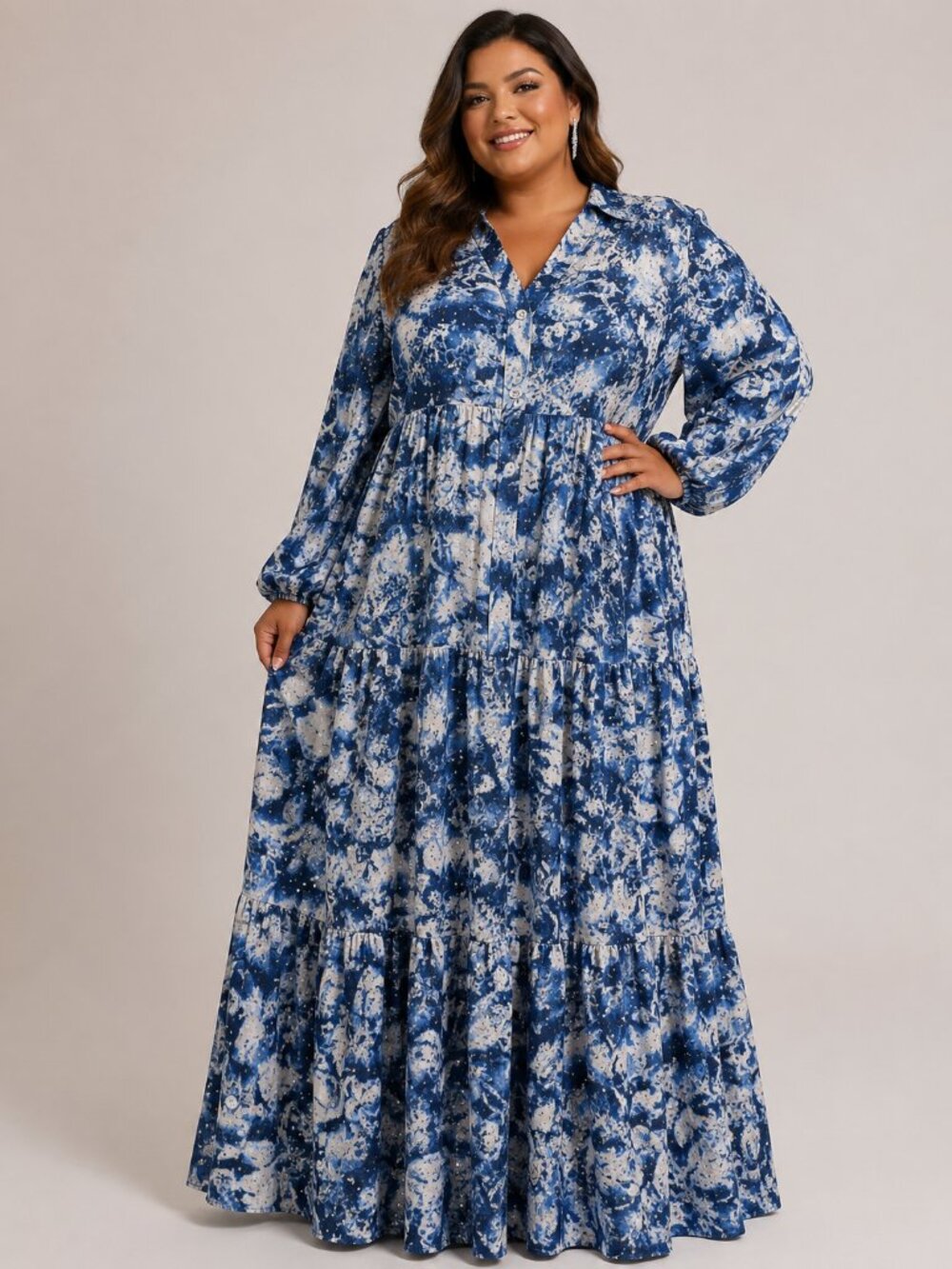 Blue White Floral Rhinestone Maxi Dress XL/2XL